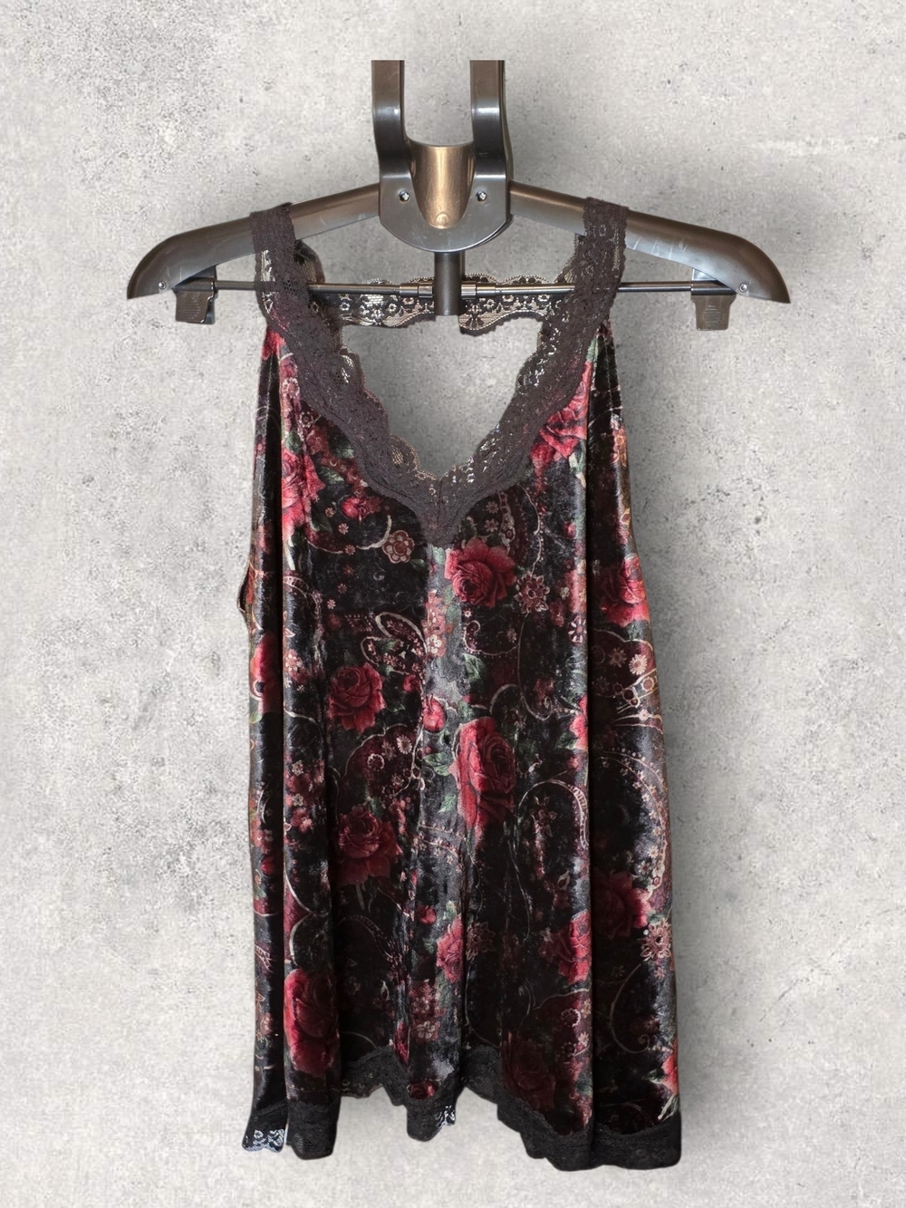 POL Velvet Floral Lace-Trim Camisole - Black with Red Roses